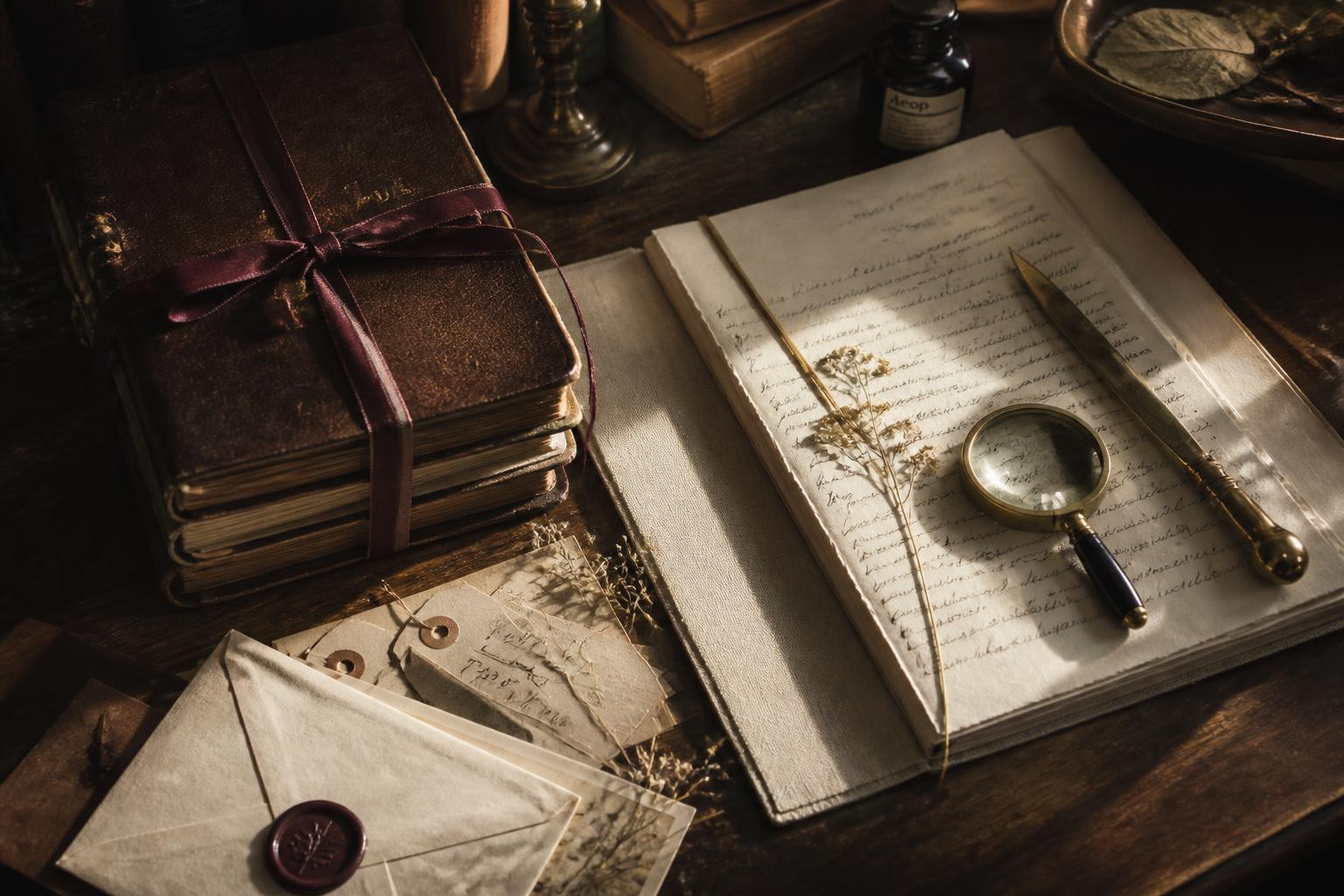 Ribbon-bound leather journals beside handwritten pages, a wax-sealed envelope and a brass letter opener on a walnut desk.