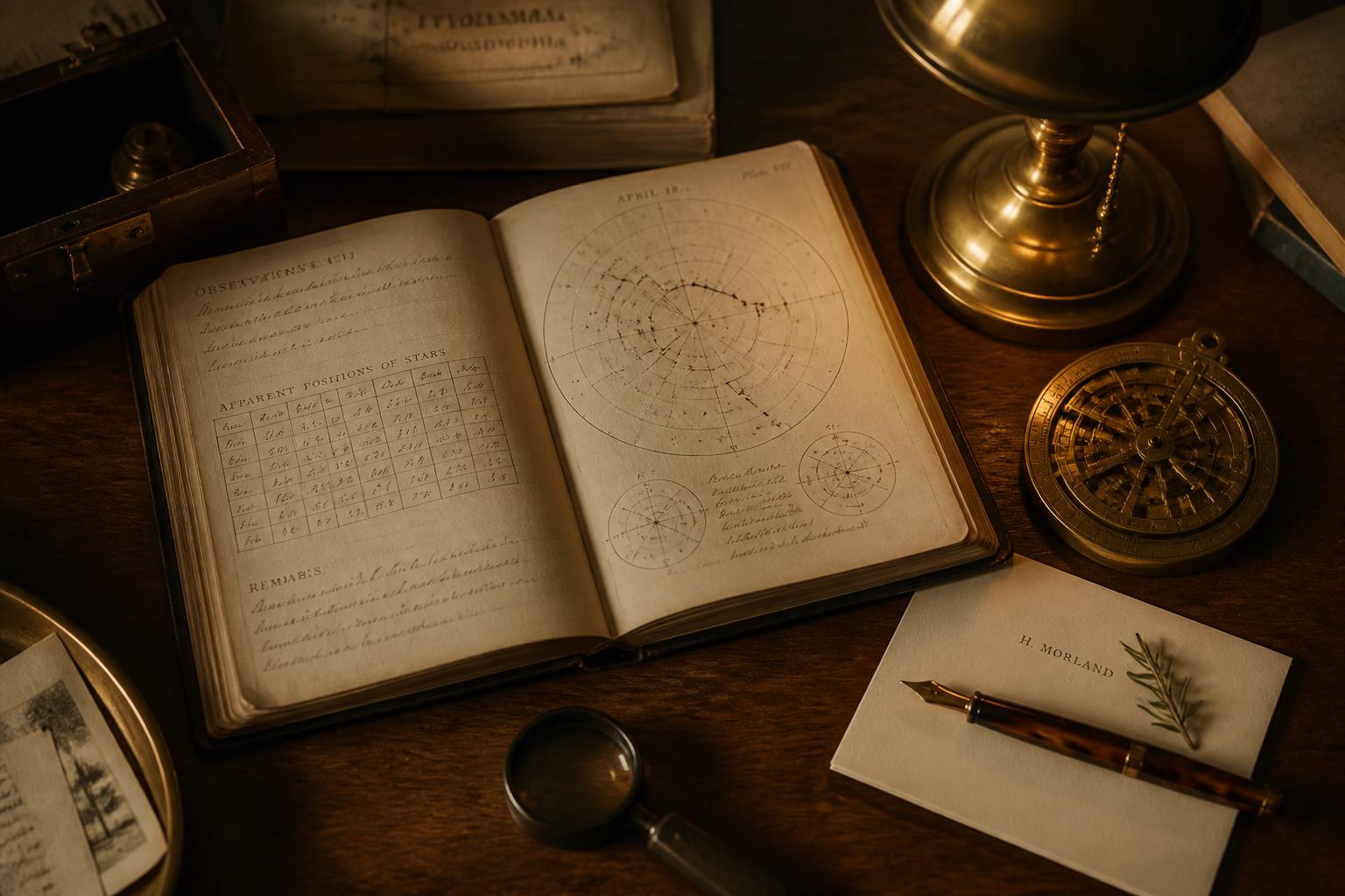 An open sepia observation ledger beside a brass astrolabe, magnifying loupe and fountain pen on a walnut desk under a banker's lamp.