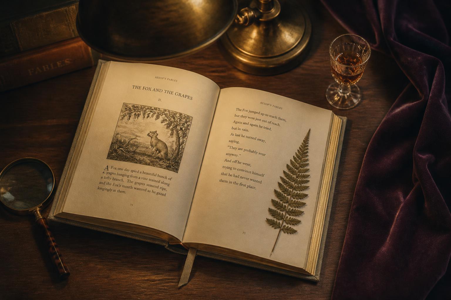 An open book of fables under warm brass lamplight on a walnut library table.