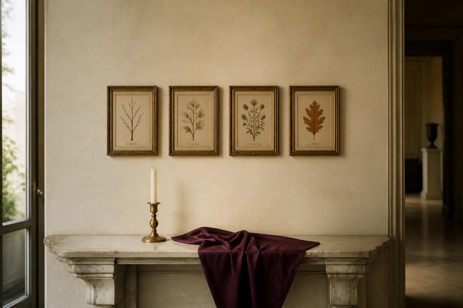 Four botanical prints of the seasons above a marble console with a single lit taper.